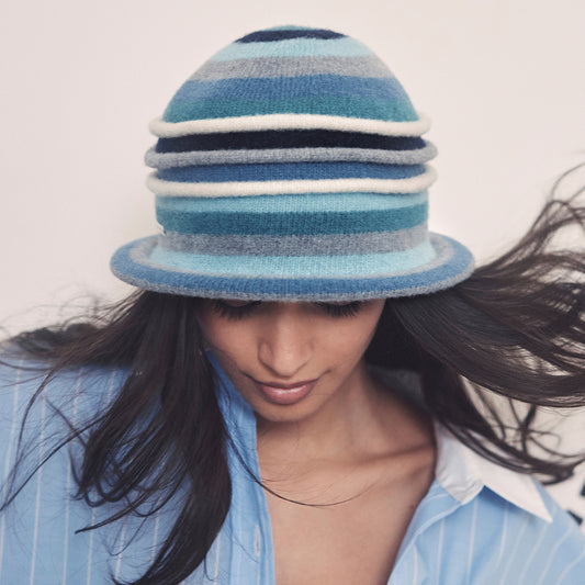Sombrero Cloche de lana virgen hervida con franjas de Seeberger - Jade-Azul