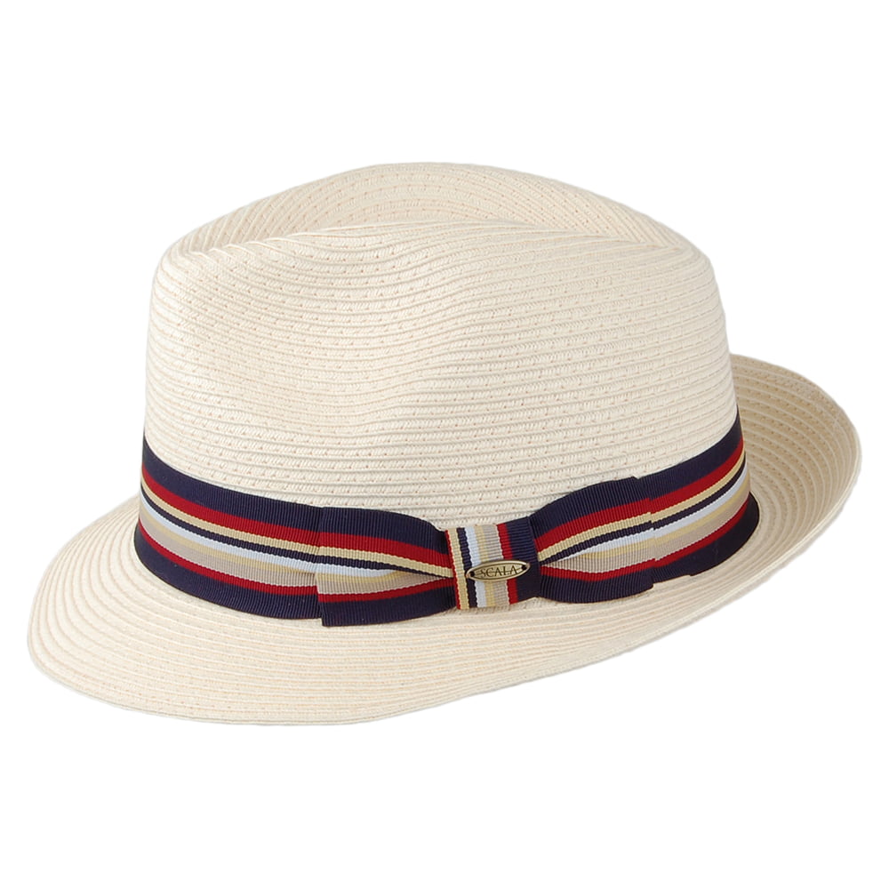 Sombrero Fedora Drums trenza fina de paja toyo de Scala - Natural-Azul Marino