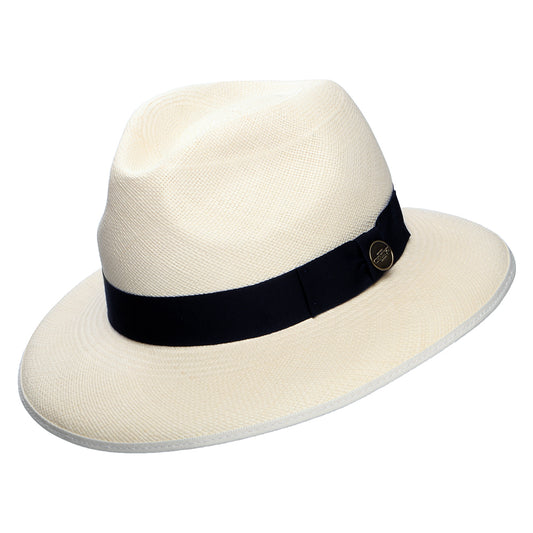 Sombrero Panamá Fedora Downbrim con cinta decorativa azul marino de Christys - Semi--Decolorado