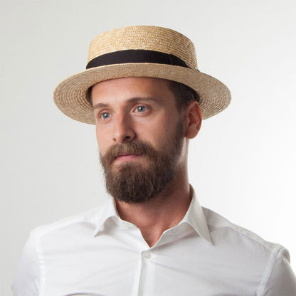 Sombrero Boater de paja con cinta decorativa negra de Jaxon & James - Natural con Negro