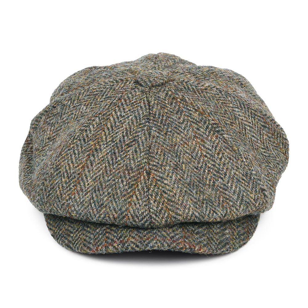 Gorra Newsboy redonda Carloway de Harris Tweed diseño de espiga de Failsworth - Oliva-Azul
