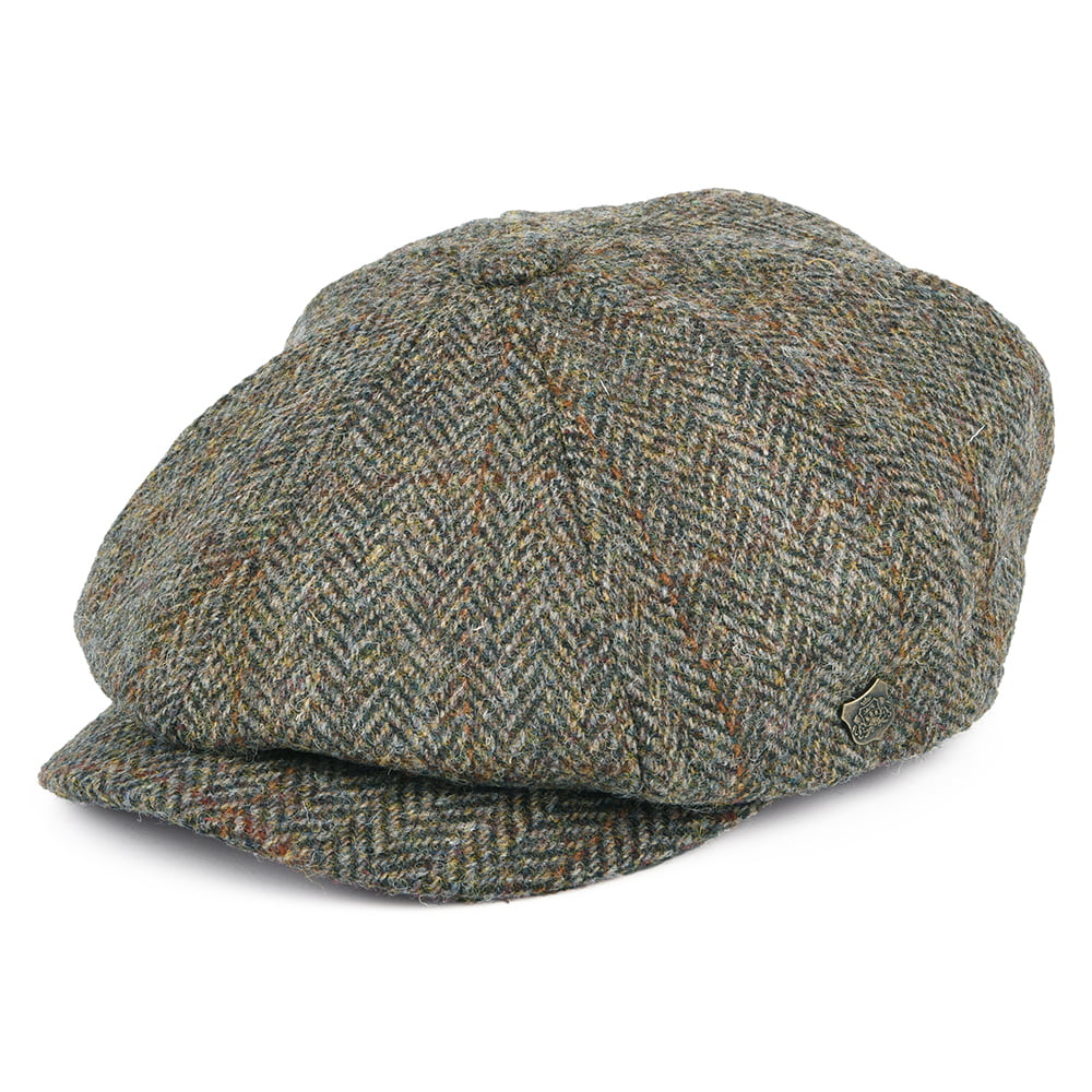 Gorra Newsboy redonda Carloway de Harris Tweed diseño de espiga de Failsworth - Oliva-Azul