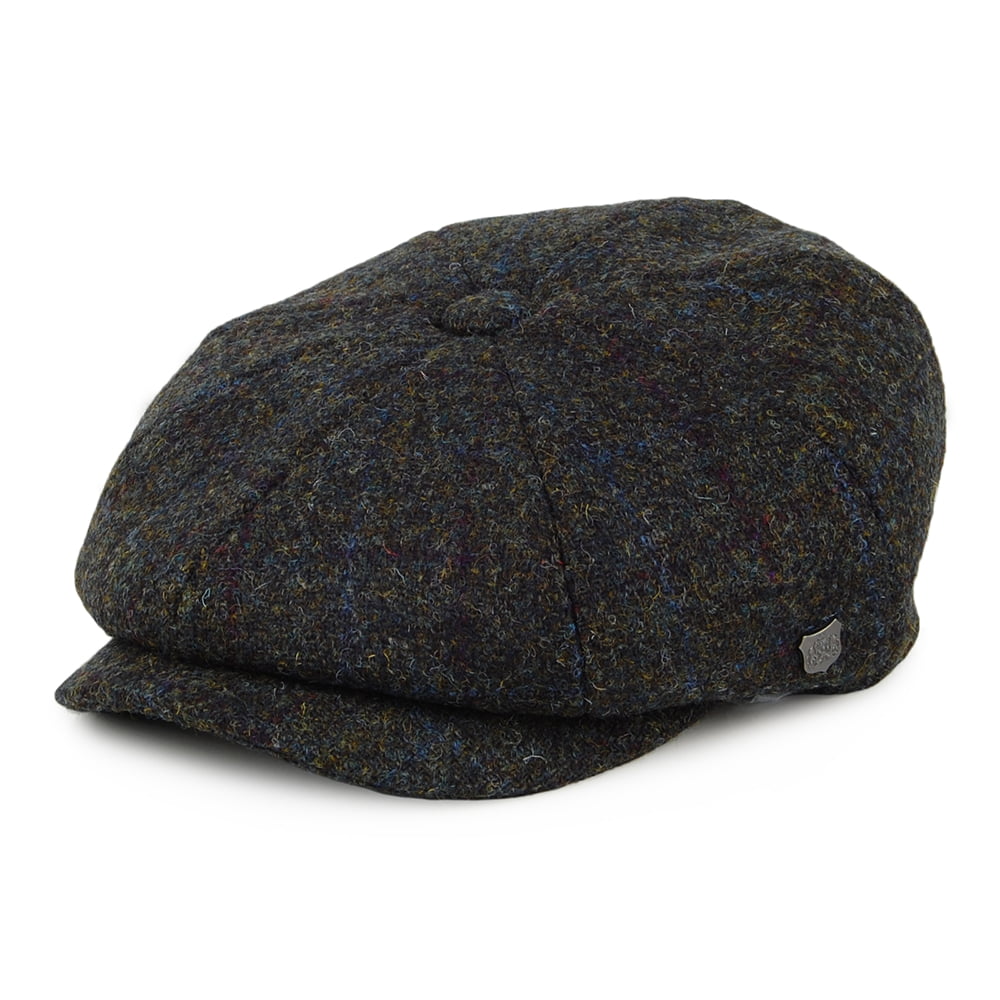 Gorra Newsboy Carloway de HARRIS TWEED diseño de espiga de Failsworth - Verde Musgo-Azul