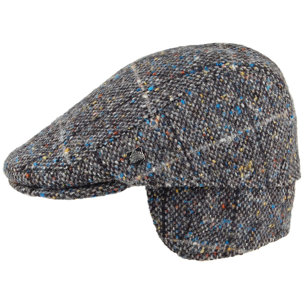 Gorra plana Oslo de tweed donegal a cuadros con orejeras de Failsworth - Gris Multi