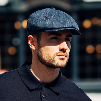 Gorra Newsboy Hudson de mezcla de seda diseño de espiga de Failsworth - Azul Marino