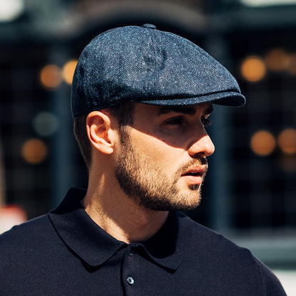 Gorra Newsboy Hudson de mezcla de seda diseño de espiga de Failsworth - Azul Marino