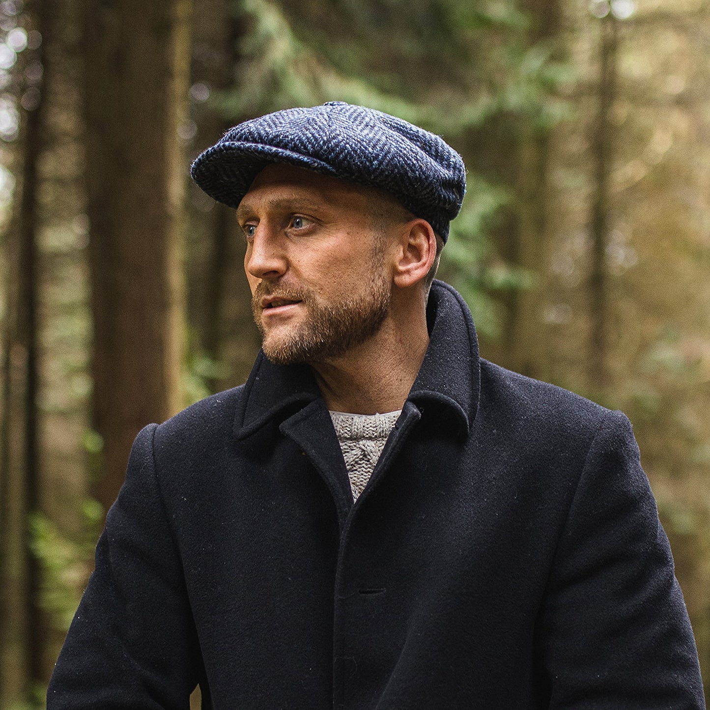 Gorra Newsboy Pettigo de Tweed Donegal diseño de espiga de Jaxon & James - Azul Marino-Negro