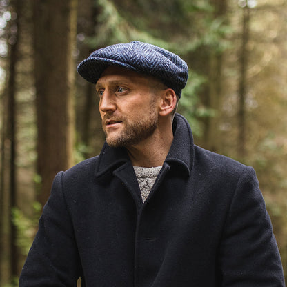 Gorra Newsboy Pettigo de Tweed Donegal diseño de espiga de Jaxon & James - Azul Marino-Negro