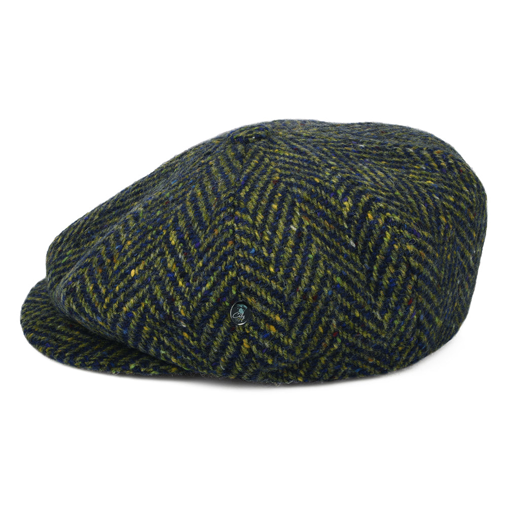 Gorra Newsboy redonda de Tweed Donegal diseño de espiga de City Sport - Oliva-Azul