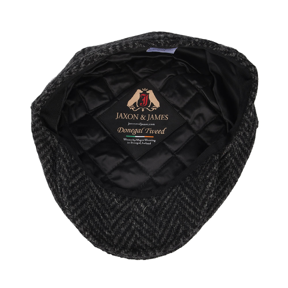 Gorra plana Drumbarron de Tweed Donegal grueso diseño de espiga de Jaxon & James - Negro-Antracita