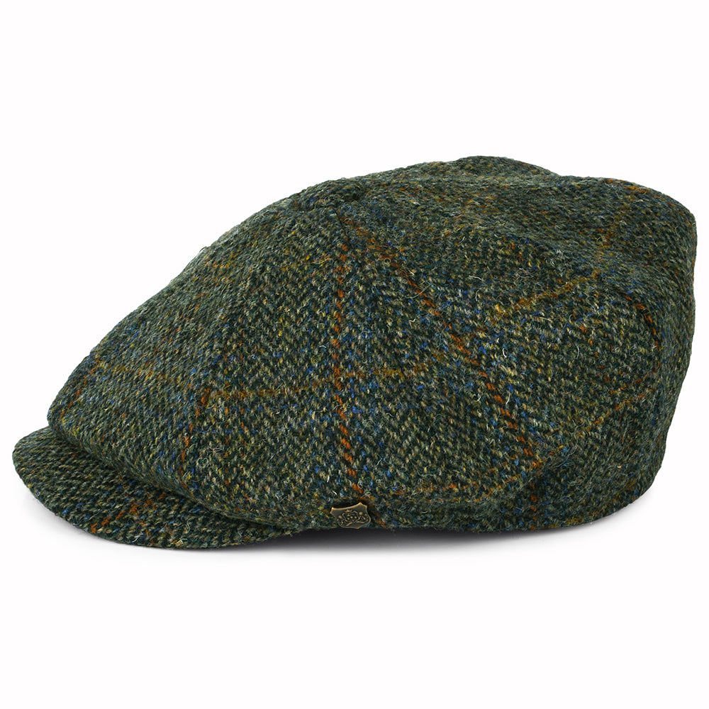 Gorra Newsboy redonda Carloway de Harris Tweed diseño de espiga de Failsworth - Verde Oliva-Azul-Ladrillo