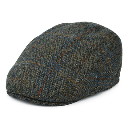 Gorra plana Stornoway de HARRIS TWEED diseño de espiga de Failsworth - Verde Oliva-Azul-Ladrillo