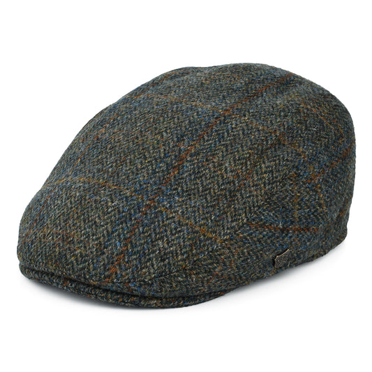 Gorra plana Stornoway de HARRIS TWEED diseño de espiga de Failsworth - Verde Oliva-Azul-Ladrillo
