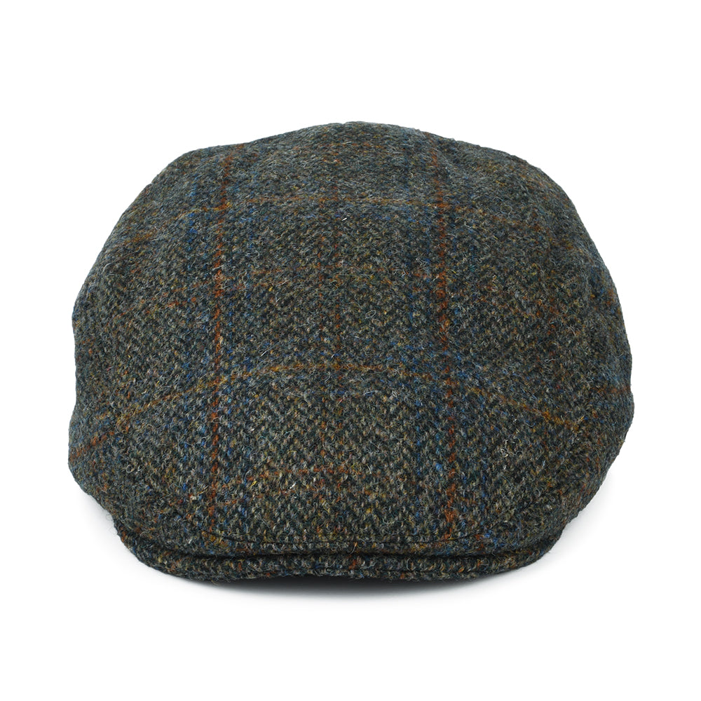 Gorra plana Stornoway de HARRIS TWEED diseño de espiga de Failsworth - Verde Oliva-Azul-Ladrillo