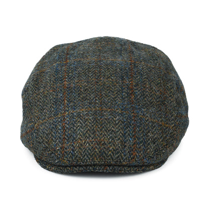Gorra plana Stornoway de HARRIS TWEED diseño de espiga de Failsworth - Verde Oliva-Azul-Ladrillo