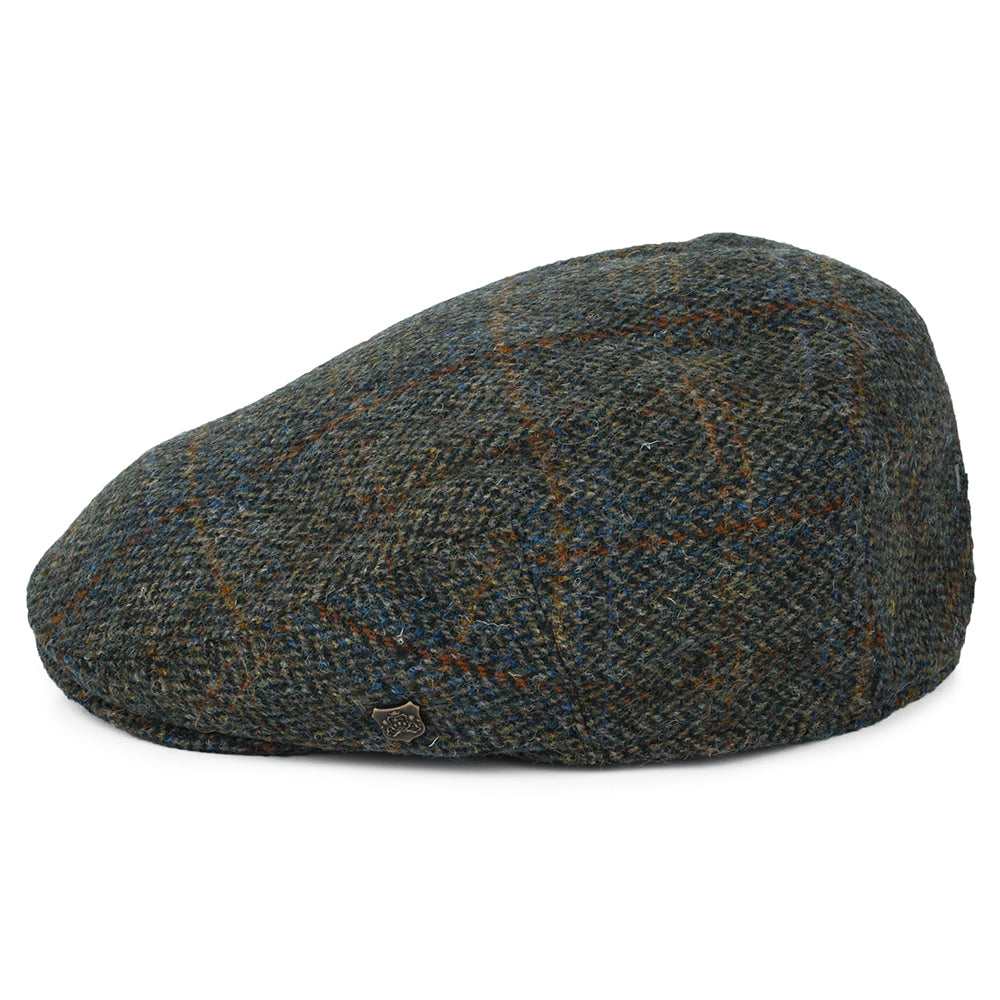 Gorra plana Stornoway de HARRIS TWEED diseño de espiga de Failsworth - Verde Oliva-Azul-Ladrillo