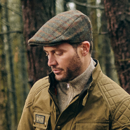 Gorra plana Oban de HARRIS TWEED a cuadros con orejeras de Failsworth - Oliva-Ladrillo