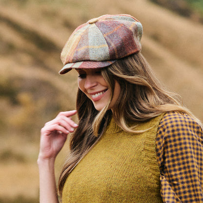 Gorra Newsboy de lana británica Tela escocesa de Failsworth - Mostaza-Marrón-Vino