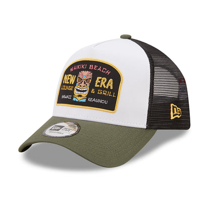 Gorra Trucker A-Frame Location Icon Waikiki Beach de New Era - Oliva-Blanco