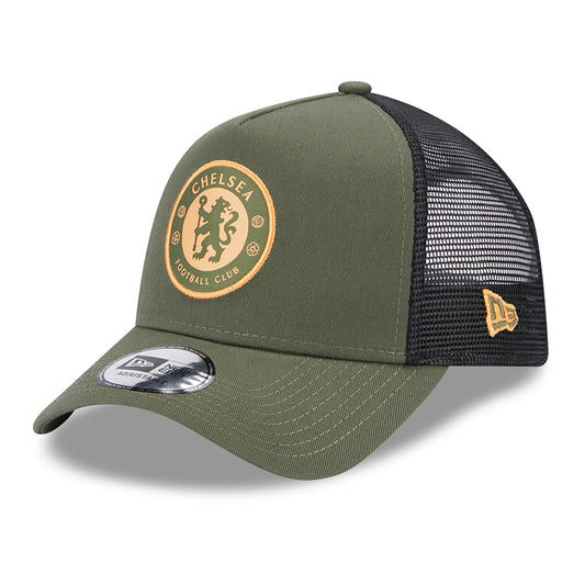 Gorra Trucker A-Frame Seasonal Lion Crest Chelsea FC de New Era - Verde Oliva-Negro