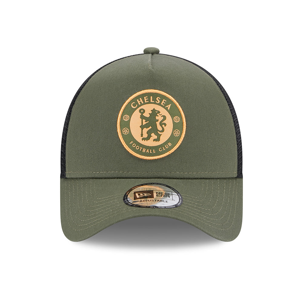 Gorra Trucker A-Frame Seasonal Lion Crest Chelsea FC de New Era - Verde Oliva-Negro