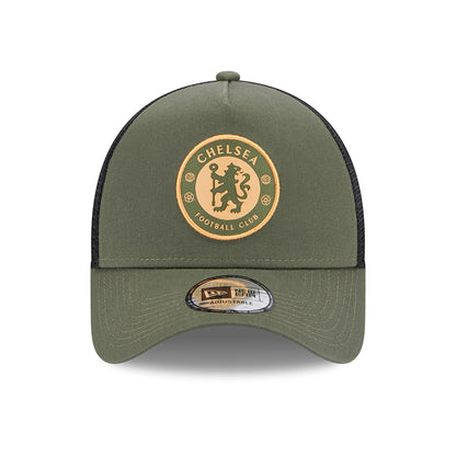 Gorra Trucker A-Frame Seasonal Lion Crest Chelsea FC de New Era - Verde Oliva-Negro
