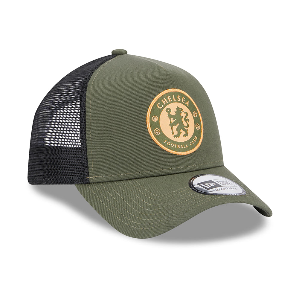 Gorra Trucker A-Frame Seasonal Lion Crest Chelsea FC de New Era - Verde Oliva-Negro