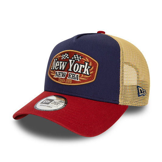 Gorra Trucker NE Patch A-Frame de New Era - Azul Marino-Rojo