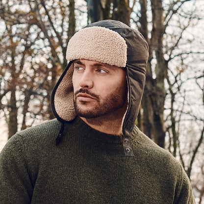 Gorro Aviador de algodón encerado de Failsworth - Verde Oliva