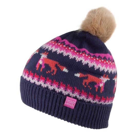 Gorro con pompón niñas Fair Isle Foxes tejida de Joules - Azul Marino-Rosa