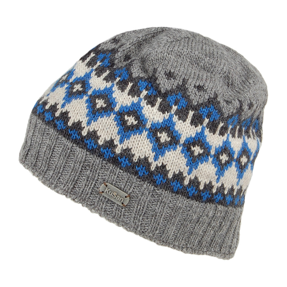 Gorro Beanie Punto fino Fair Isle de Kusan - Gris-Azul