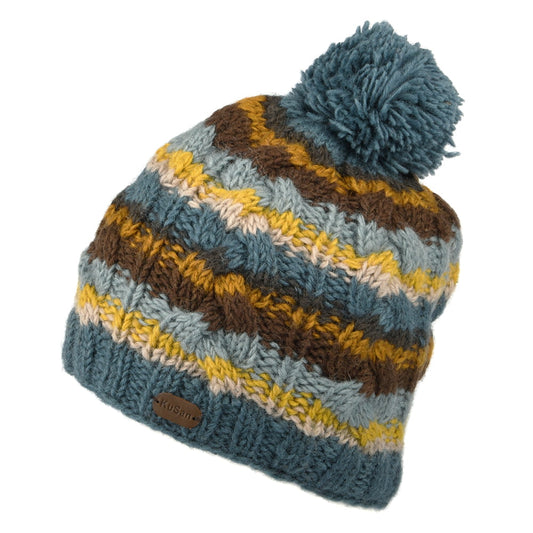 Gorro con pompón punto de cable con franjas de Kusan - Múltiples tonalidades azules