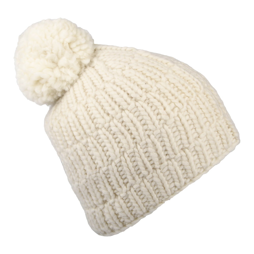 Gorro con pompón Moss Yarn punto cable acanalado de Kusan - Crema