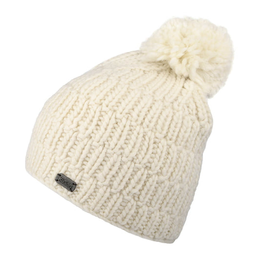 Gorro con pompón Moss Yarn punto cable acanalado de Kusan - Crema