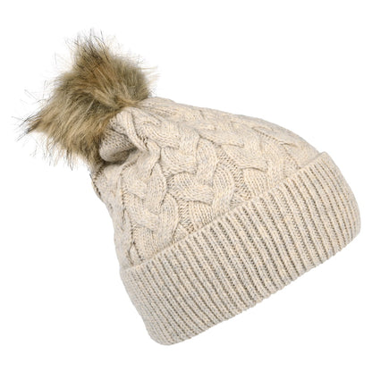 Gorro con pompón Elena punto de cable Pompón de piel sintética de Joules - Crema