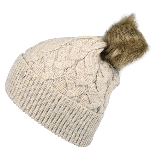 Gorro con pompón Elena punto de cable Pompón de piel sintética de Joules - Crema