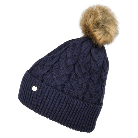 Gorro con pompón Elena punto de cable Pompón de piel sintética de Joules - Azul Marino