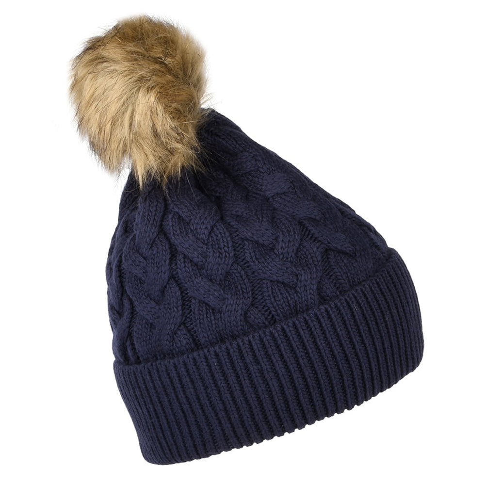 Gorro con pompón Elena punto de cable Pompón de piel sintética de Joules - Azul Marino
