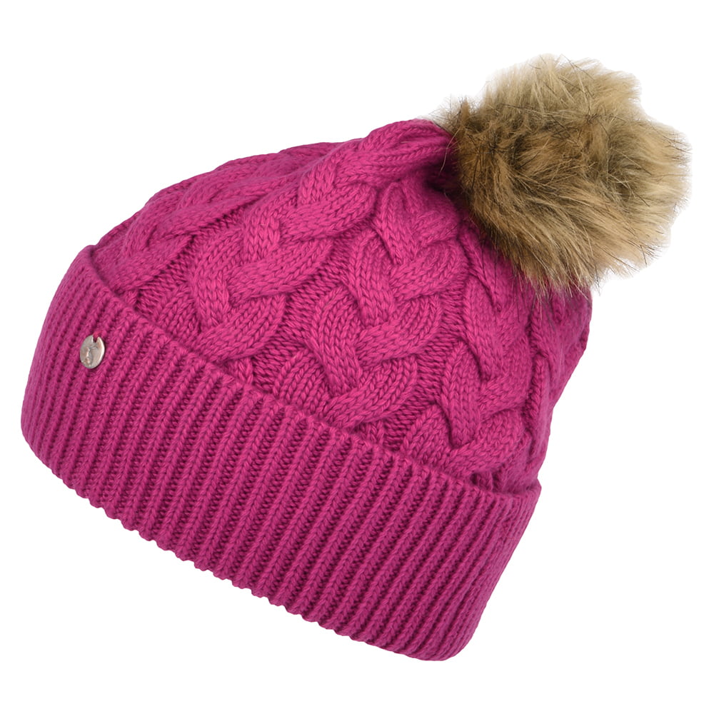 Gorro con pompón Elena punto de cable Pompón de piel sintética de Joules - Rosa