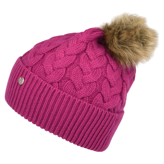 Gorro con pompón Elena punto de cable Pompón de piel sintética de Joules - Rosa