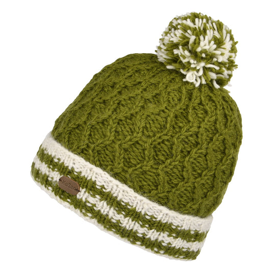 Gorro con pompón vuelta a rayas punto de diamante de Kusan - Verde Oliva