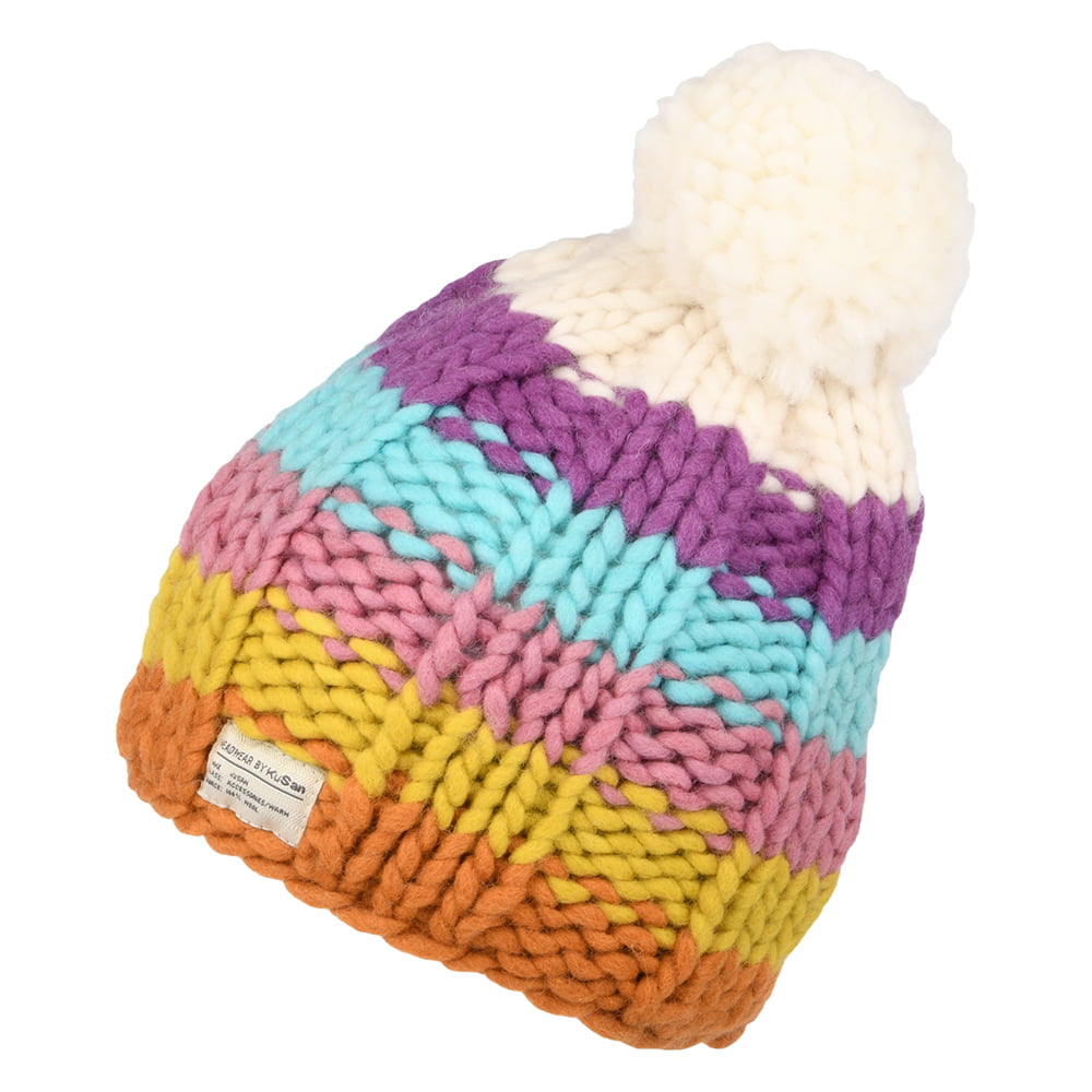 Gorro con pompón Arcoiris de Hilo punto de musgo de Kusan - Crema-Multi