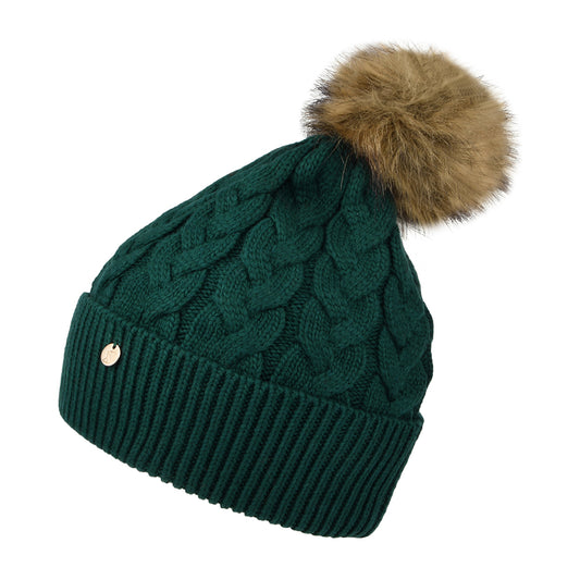 Gorro con pompón Elena punto de cable Pompón de piel sintética de Joules - Verde Azulado
