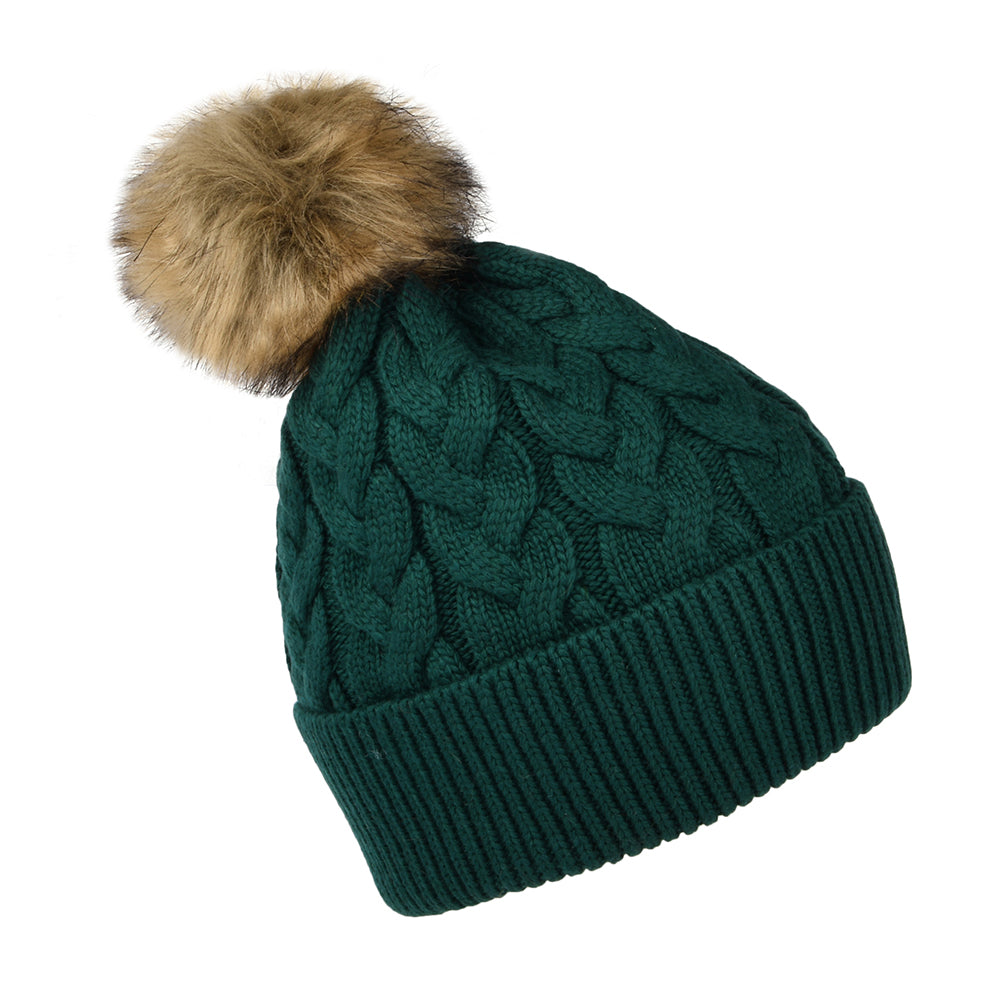 Gorro con pompón Elena punto de cable Pompón de piel sintética de Joules - Verde Azulado