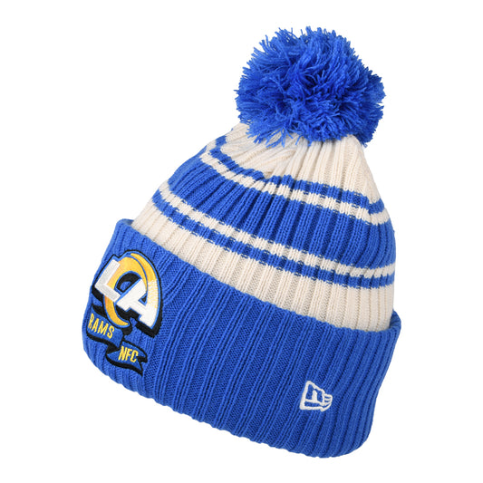 Gorro con pompón NFL Sideline Sport Knit Los Angeles Rams de New Era - Azul Real-Blanco