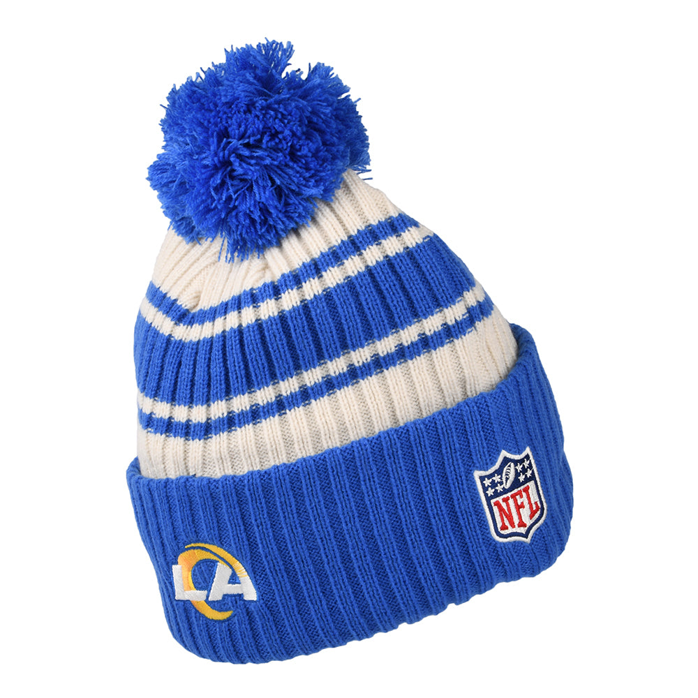 Gorro con pompón NFL Sideline Sport Knit Los Angeles Rams de New Era - Azul Real-Blanco