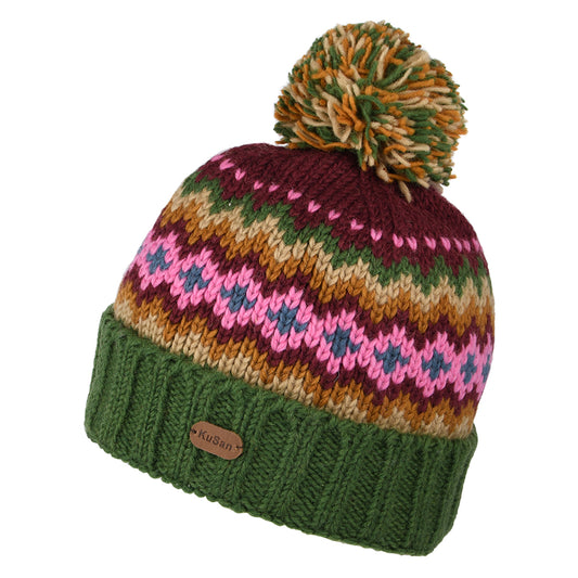 Gorro con pompón con vuelta Fair Isle de Kusan - Verde-Morado-Mostaza
