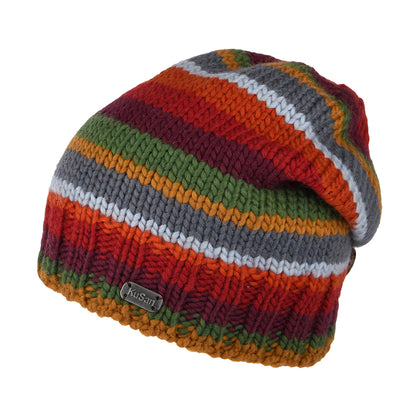 Gorro Beanie con botón y rayas de Kusan - Rojo-Ciruela-Gris