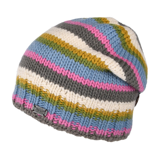 Gorro Beanie con botón y rayas de Kusan - Azul Claro-Rosa-Crema