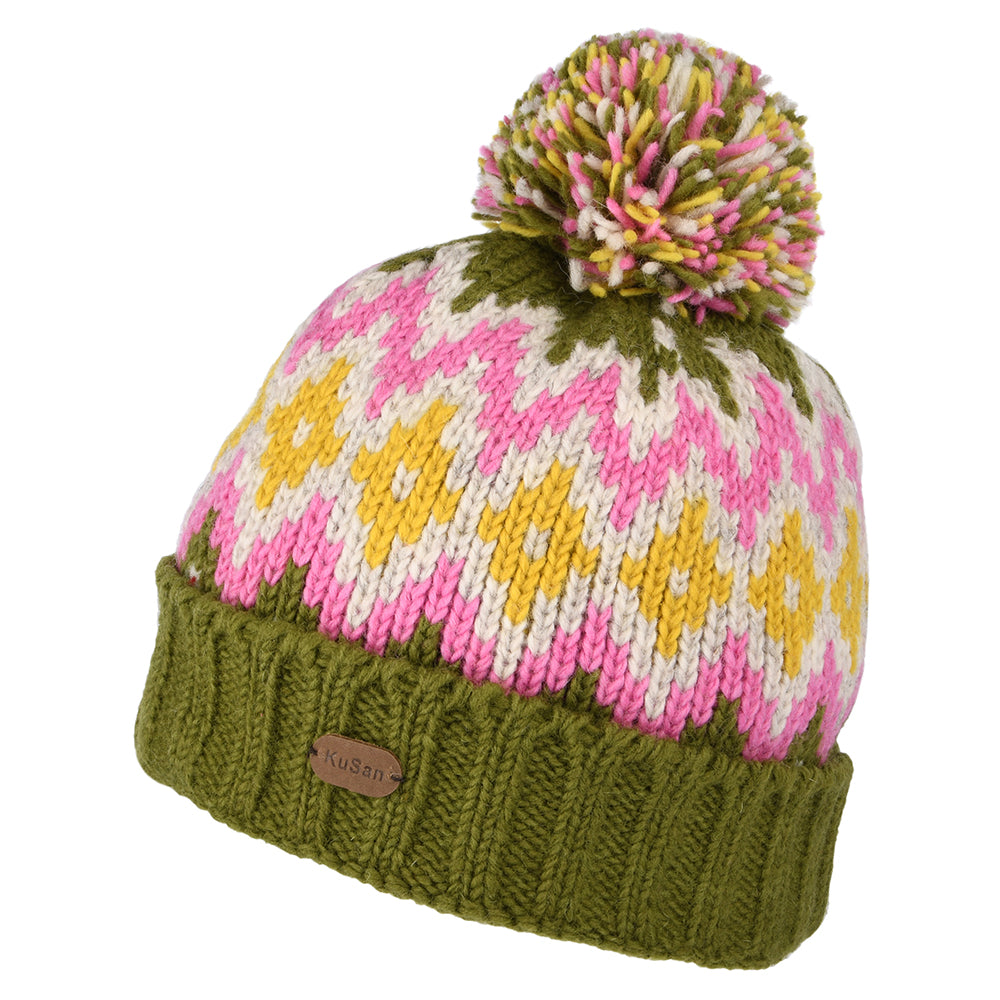 Gorro con pompón con vuelta y diamantes de Kusan - Verde Oliva-Rosa-Amarillo